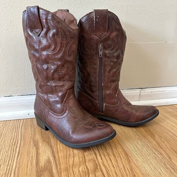 Cherokee Other - Cherokee Faux Leather YOUTH SIZE 2 Cowboy Boot Embroidered Western Brown
